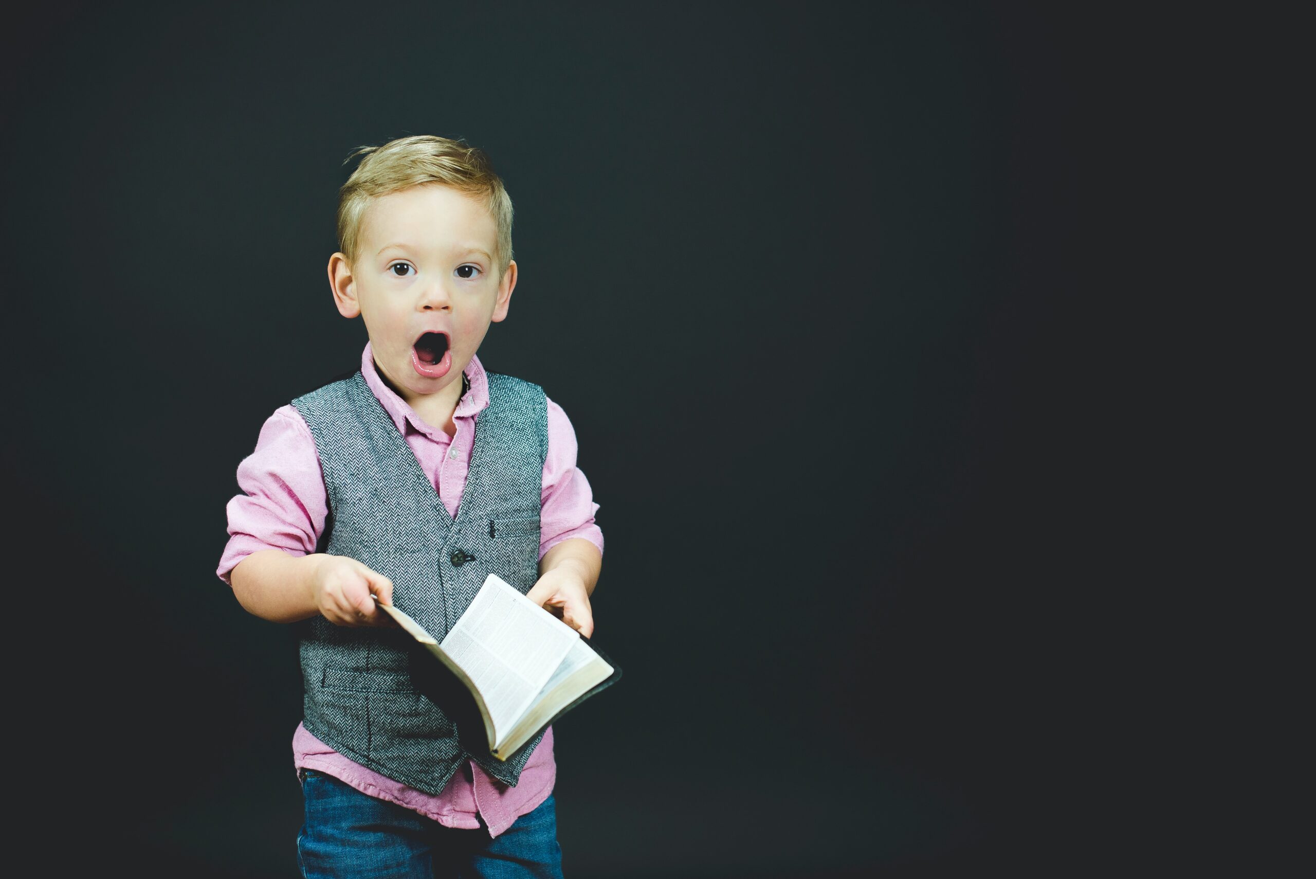 boy wearing gray vest and pink dress shirt holding book