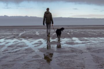person walking on sand with dog